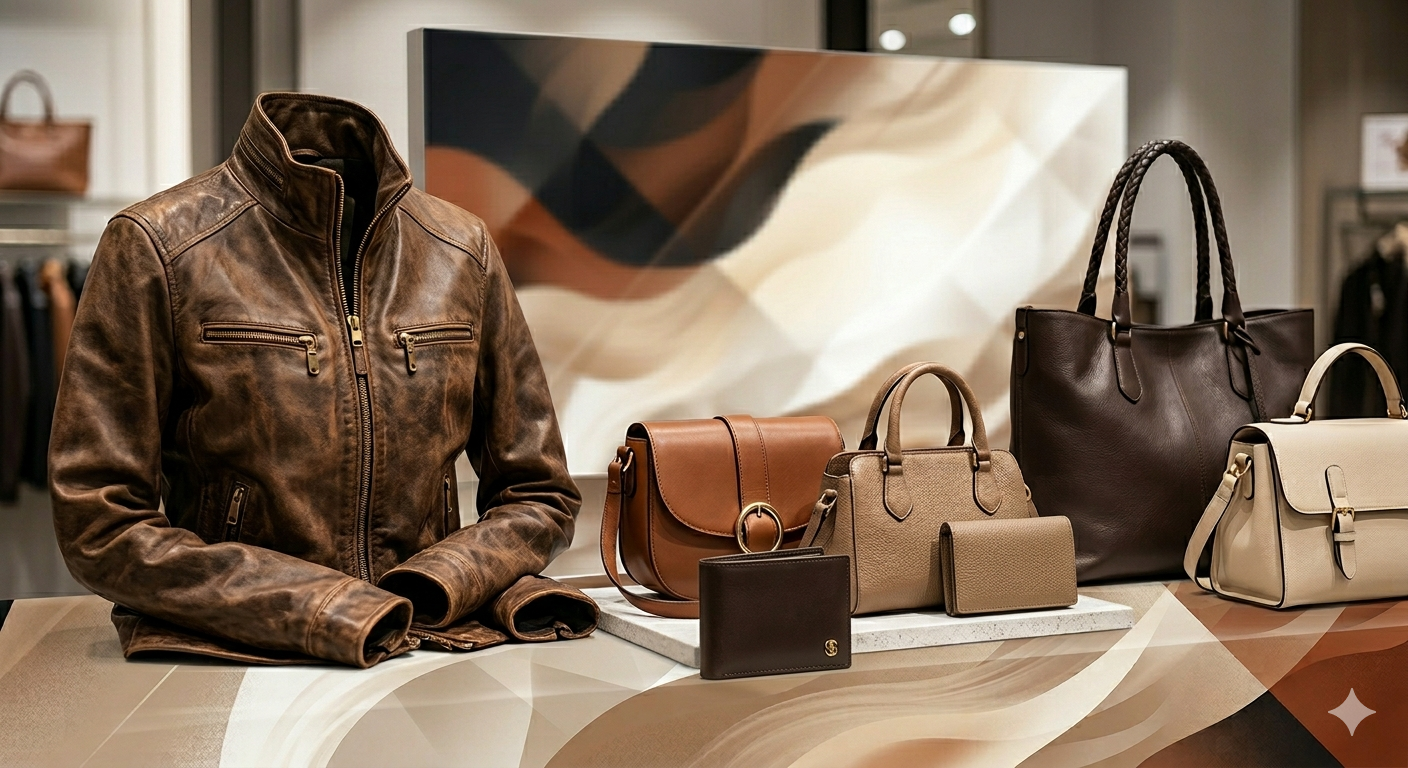 Leather jacket, handbags, and wallet displayed for comparison